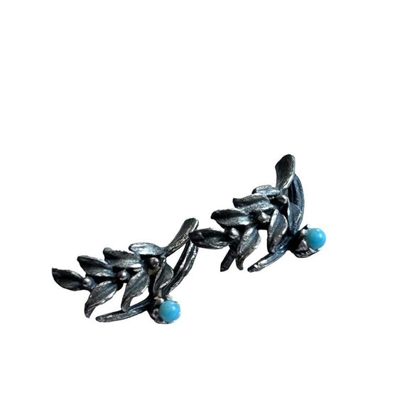 Set of 2 Silvertone Lapel Pins Turquoise Stone 7/8" Branch Vintage - Picture 3 of 5